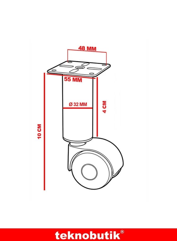 10cm Ø32mm Metal Gövdeli Plastik Tekerlekli Mobilya Baza Sehpa Ayağı Teknobutik.com'da