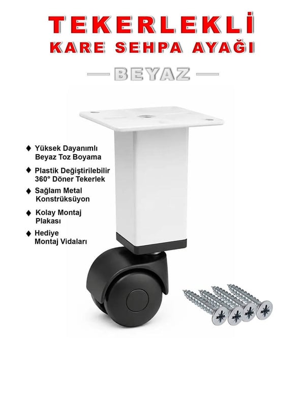 15cm Boy Beyaz Kare Metal Gövdeli Plastik Tekerlekli Mobilya Sehpa Ayağı Teknobutik.com'da