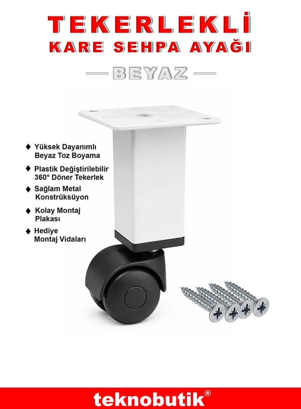 15cm Boy Beyaz Kare Metal Gövdeli Plastik Tekerlekli Mobilya Sehpa Ayağı Teknobutik.com'da