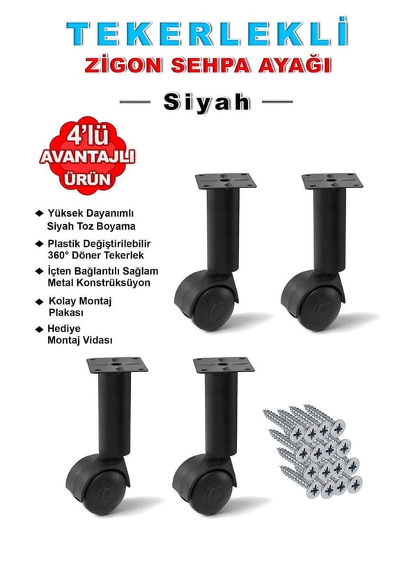 15cm Çap32mm 4 Adet Metal Gövdeli Plastik Tekerlekli Mobilya Baza Sehpa Ayağı Teknobutik.com'da