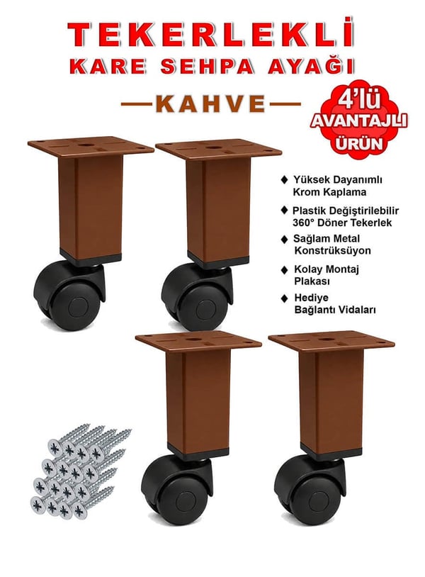 4 Adet 15cm Boy Kahve Kare Plastik Tekerlekli Mobilya Sehpa Ayağı Teknobutik.com'da