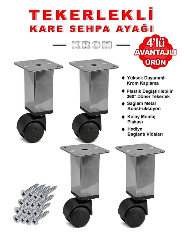 4 Adet 15cm Boy Krom Kare Plastik Tekerlekli Mobilya Sehpa Ayağı Teknobutik.com'da