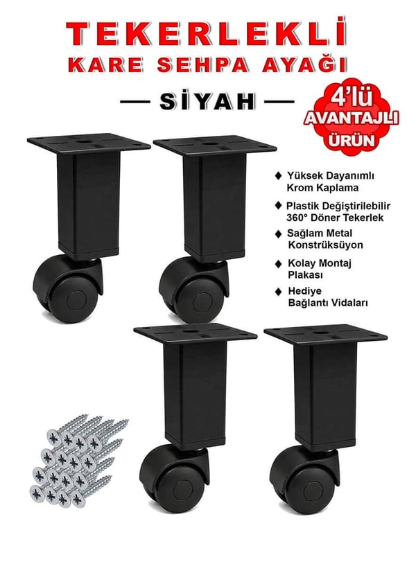 4 Adet 15cm Boy Siyah Kare Plastik Tekerlekli Mobilya Sehpa Ayağı Teknobutik.com'da
