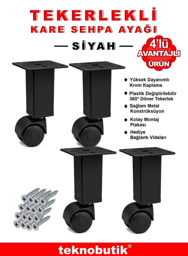 4 Adet 15cm Boy Siyah Kare Plastik Tekerlekli Mobilya Sehpa Ayağı Teknobutik.com'da
