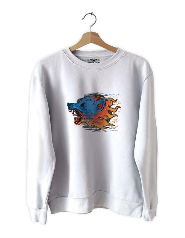 Ateş ve Kurt Baskılı Slim Fit Siyah - Beyaz Sweatshirt