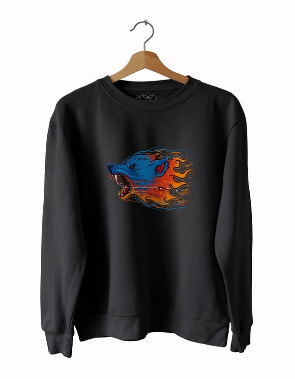 Ateş ve Kurt Baskılı Slim Fit Siyah - Beyaz Sweatshirt