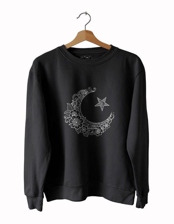 Ay Yıldız Baskılı Slim Fit Siyah - Beyaz Sweatshirt