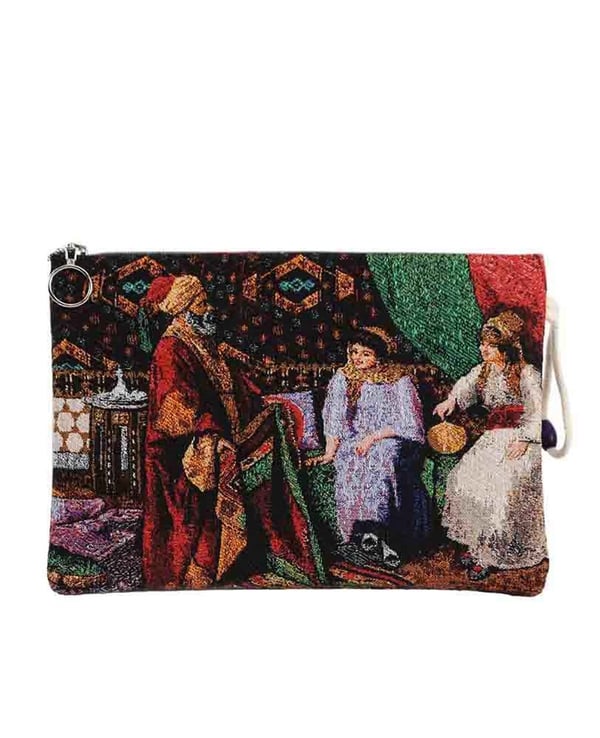 Gravür Desenli Goblen Dokuma Makyaj Çantası (Clutch)