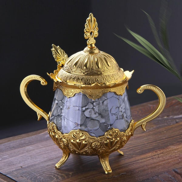 Gri Desenli Porselenli Yuvarlak Şekerlik-Altın Teknobutik.com'da