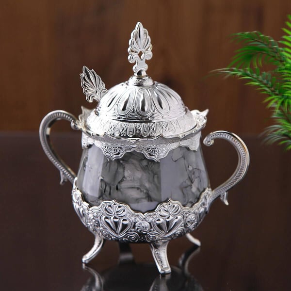Gri Desenli Porselenli Yuvarlak Şekerlik-Nikel Teknobutik.com'da