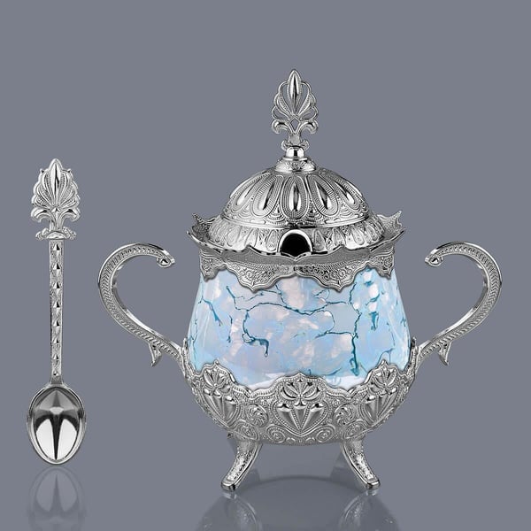 Mavi Desenli Porselenli Yuvarlak Şekerlik-Nikel Teknobutik.com'da