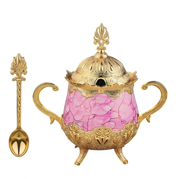 Pembe Desenli Porselenli Yuvarlak Şekerlik-Altın Teknobutik.com'da