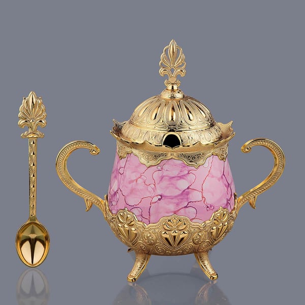 Pembe Desenli Porselenli Yuvarlak Şekerlik-Altın Teknobutik.com'da