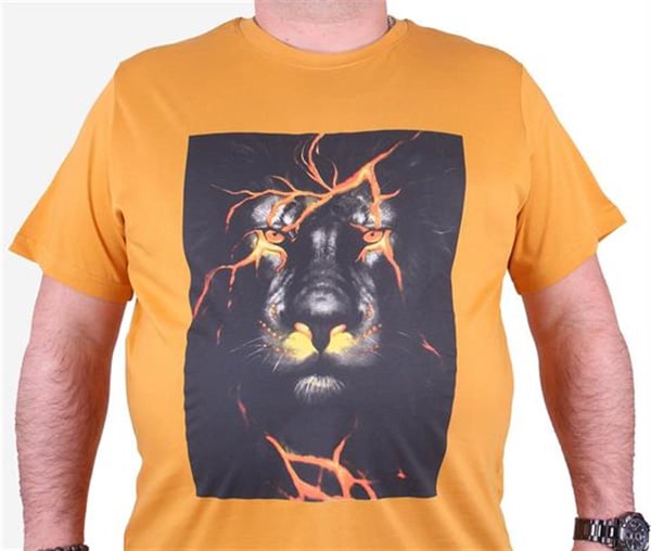 Mocgrande Büyük Beden Erkek Baskılı Tişört Lion 23138 HARDAL