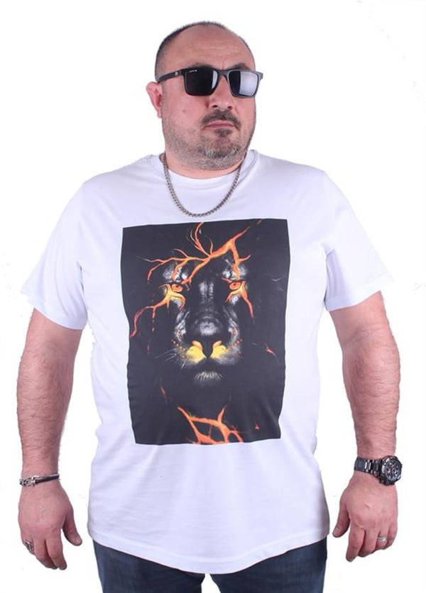 Mocgrande Büyük Beden Erkek Baskılı Tişört Lion 23138 BEYAZ