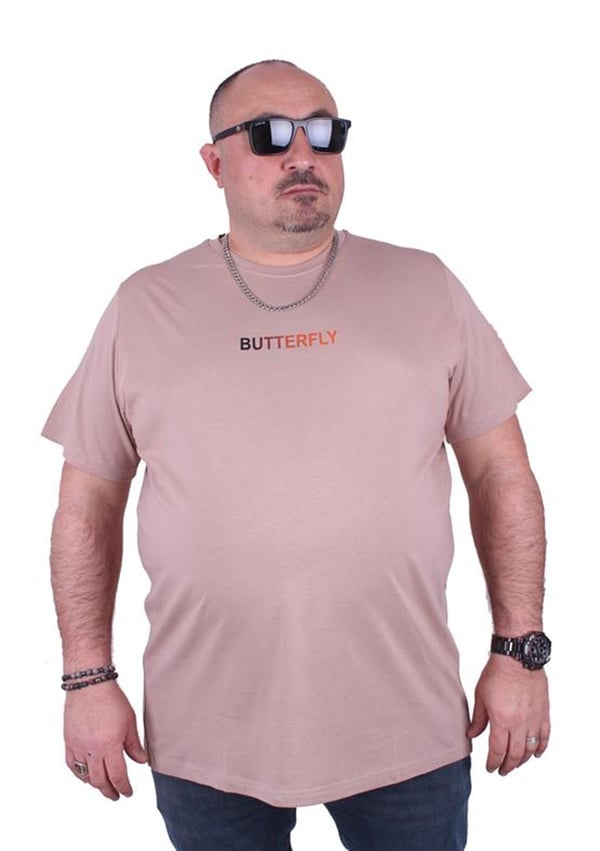 Mocgrande Büyük Beden Sıfır Yaka Tişört Butterfly 23107 BEJ