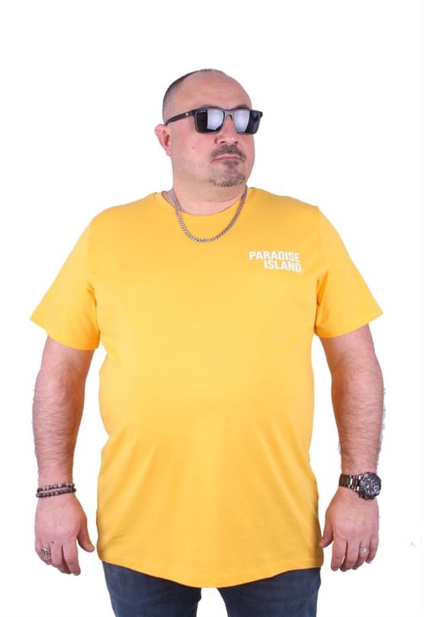 Mocgrande Büyük Beden Sıfır Yaka Tişört Paradise İsland 23103 SARI
