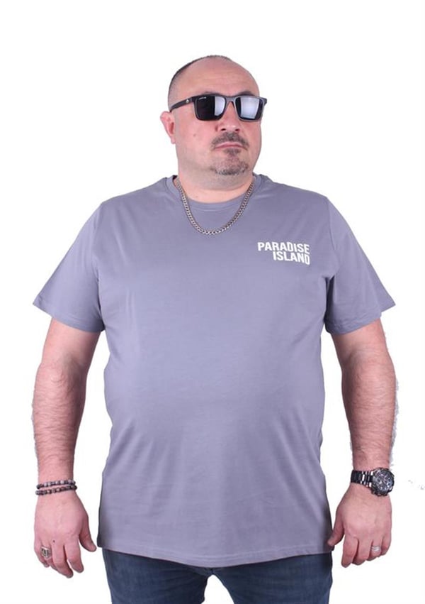 Mocgrande Büyük Beden Sıfır Yaka Tişört Paradise İsland 23103 GRI