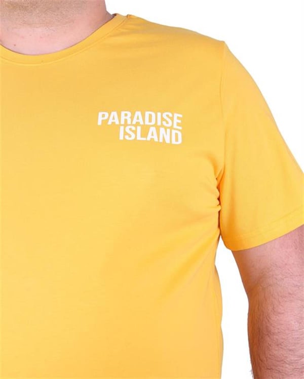 Mocgrande Büyük Beden Sıfır Yaka Tişört Paradise İsland 23103 SARI