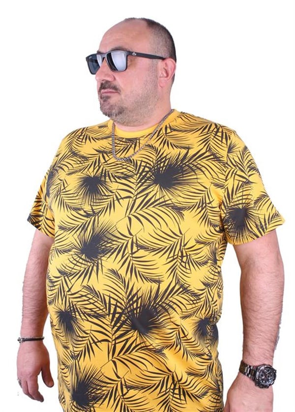 Mocgrande Büyük Beden Sıfır Yaka Tişört Palm Leaf 23148 SARI