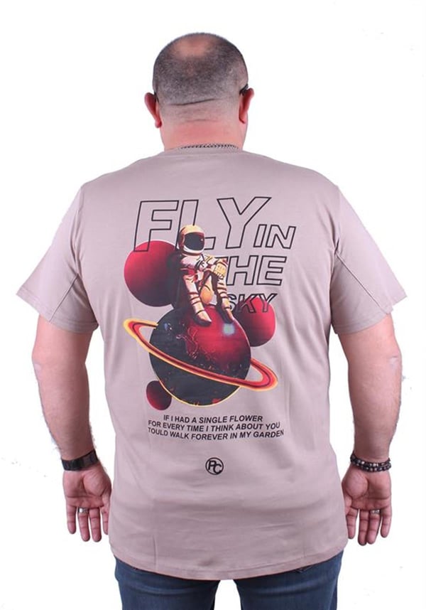 Mocgrande Büyük Beden Sıfır Yaka Tişört Fly İn The Sky 23110 TOPRAK