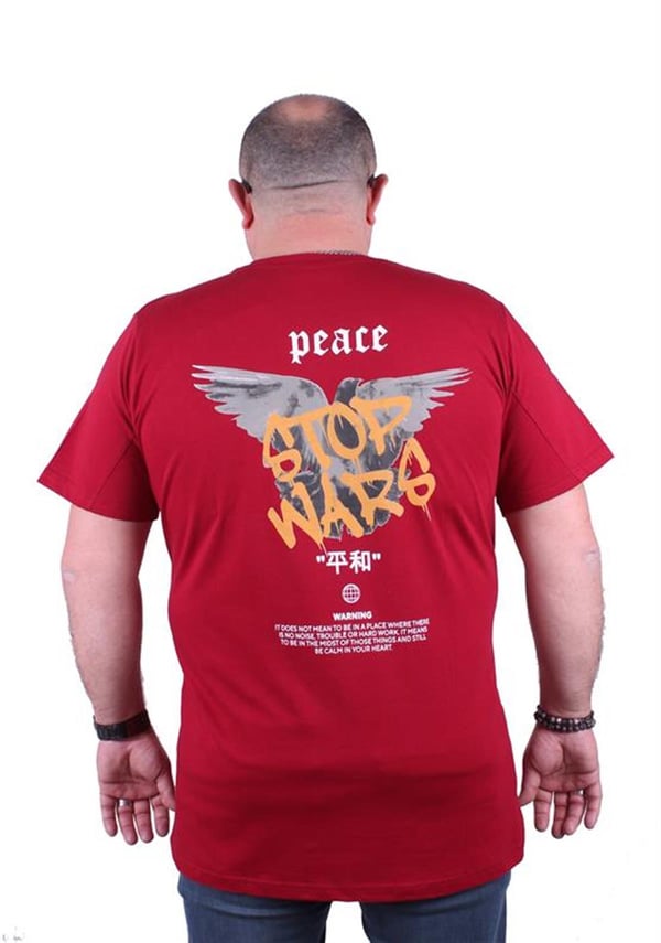 Mocgrande Büyük Beden Sıfır Yaka Tişört Peace 23100 BORDO