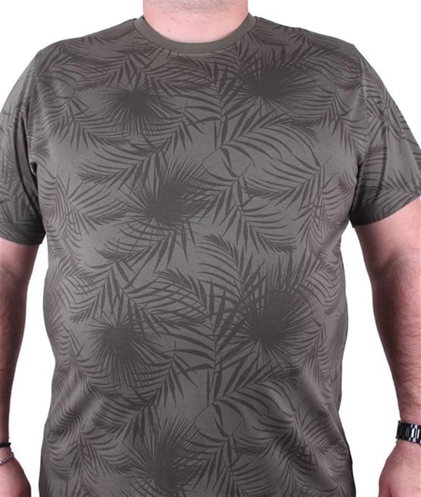 Mocgrande Büyük Beden Sıfır Yaka Tişört Palm Leaf 23148 HAKI