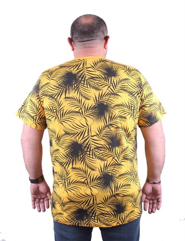 Mocgrande Büyük Beden Sıfır Yaka Tişört Palm Leaf 23148 SARI