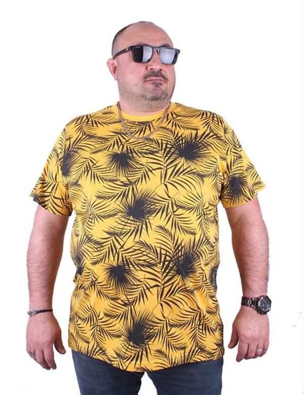 Mocgrande Büyük Beden Sıfır Yaka Tişört Palm Leaf 23148 SARI