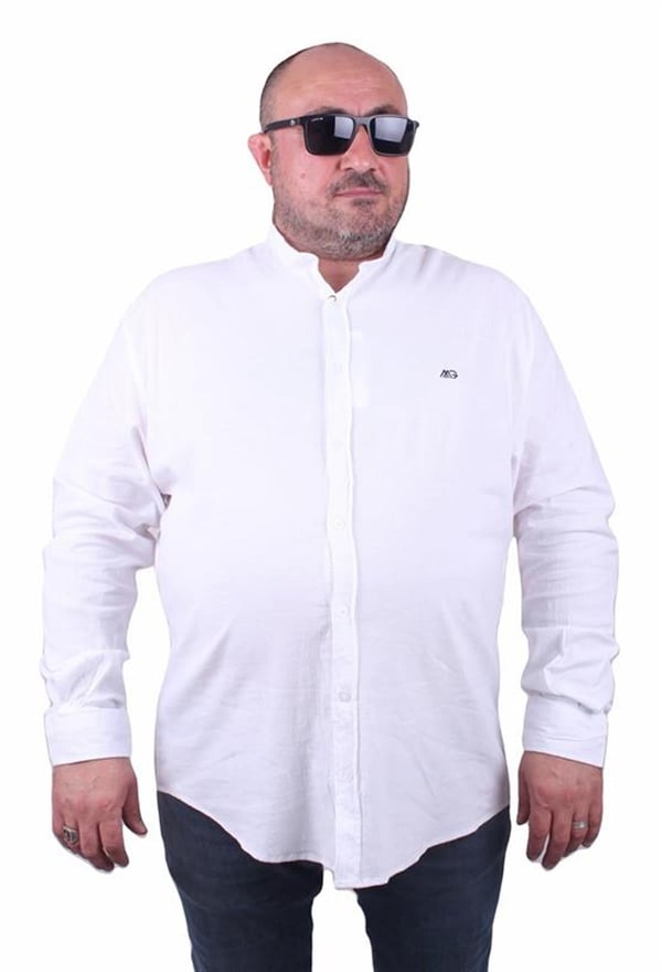 Mocgrande Erkek Büyük Beden Likralı Keten Hakim Yaka Gömlek 11307 BEYAZ