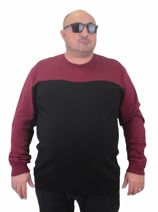 Mocgrande Erkek Büyük Beden Sıfır Yaka Çift Renk Triko Kazak 23751 BORDO
