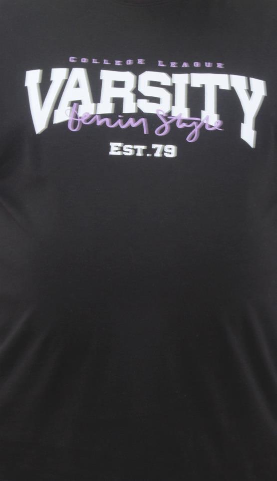 Mocgrande Erkek Büyük Beden Sıfır Yaka Tişört Varsity 23184 SIYAH