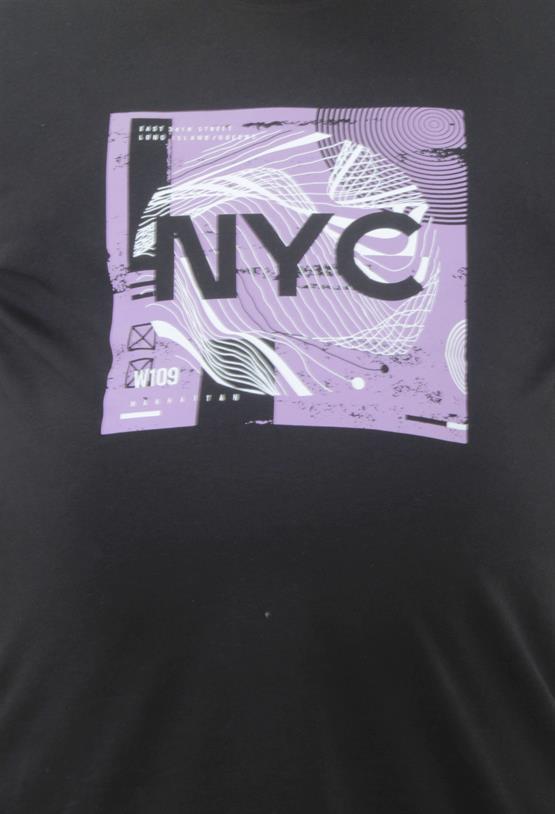 Mocgrande Erkek Büyük Beden Sıfır Yaka Tişört NYC 23182 SIYAH