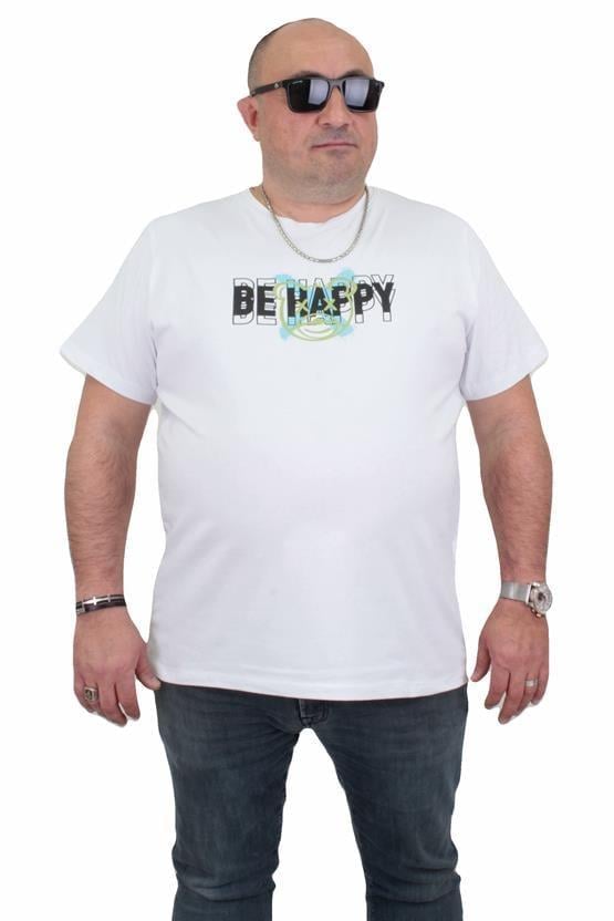 Mocgrande Erkek Büyük Beden Sıfır Yaka Tişört Be Happy 24131 BEYAZ