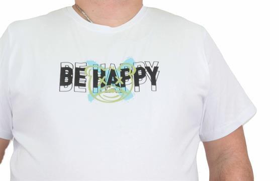 Mocgrande Erkek Büyük Beden Sıfır Yaka Tişört Be Happy 24131 BEYAZ