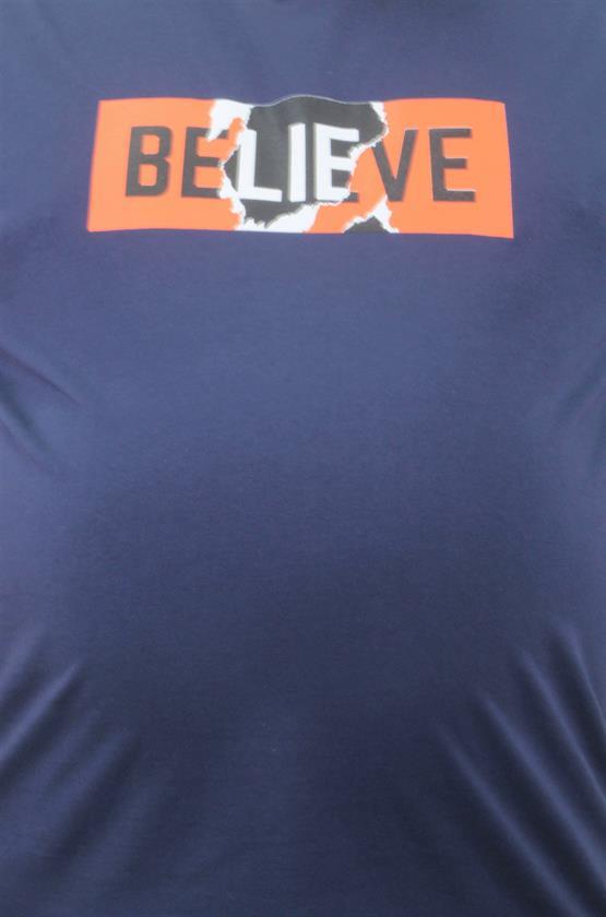 Mocgrande Erkek Büyük Beden Sıfır Yaka Tişört Believe 23180 Marin