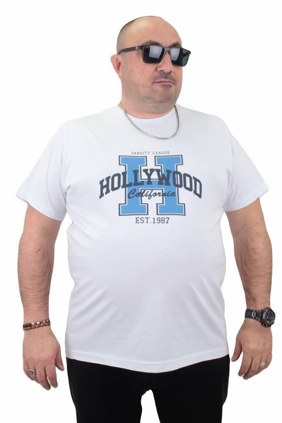 Mocgrande Erkek Büyük Beden Sıfır Yaka Tişört Hollywood 23179 BEYAZ