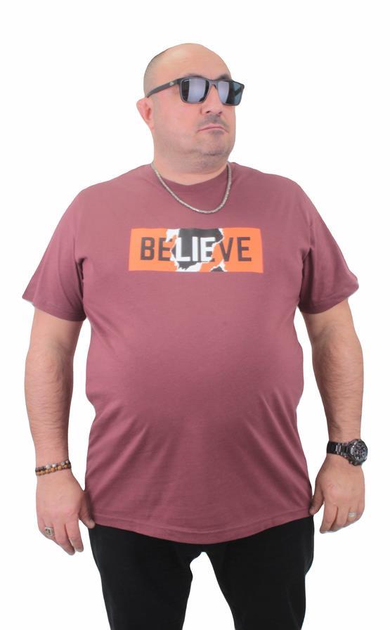 Mocgrande Erkek Büyük Beden Sıfır Yaka Tişört Believe 23180 Eflatun