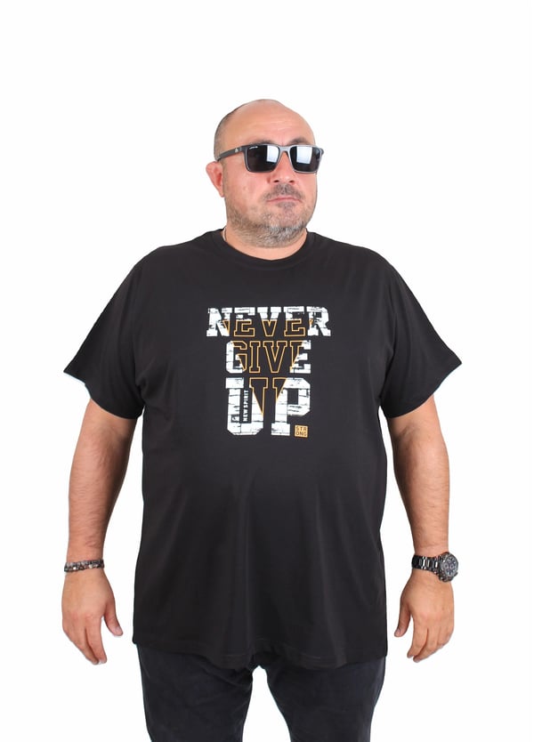 Starbattal Erkek Büyük Beden Sıfır Yaka Tişört Never Give Up 25182 SIYAH