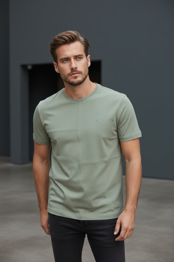 Erkek Yeşil Oversize Bisiklet Yaka Normal ve Battal Beden T-Shirt - 172