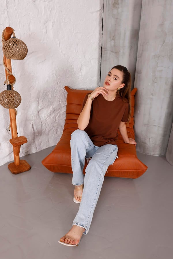 Kadın Kahverengi Bisiklet Yaka Basic T-shirt - 168