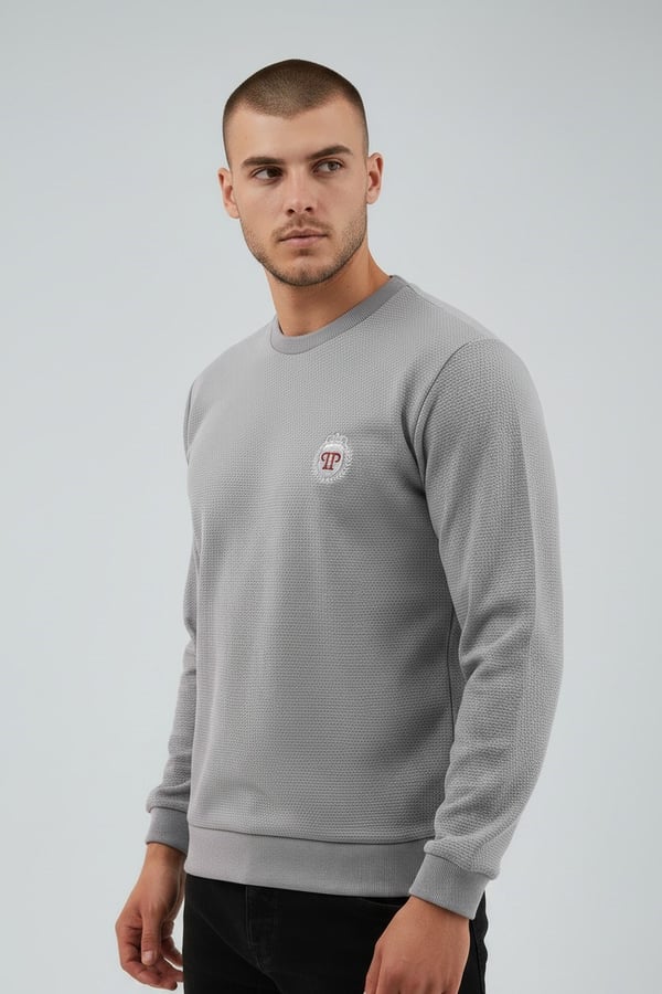 Erkek Gri Mare Jaker Kumaş Bisiklet Yaka Sweatshirt - 76566