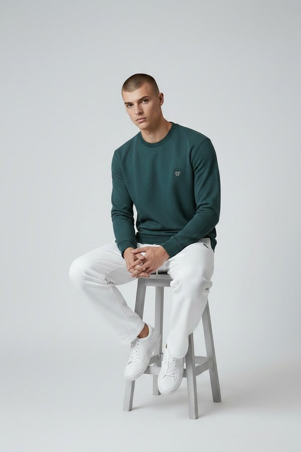 Erkek Petrol Mare Jaker Kumaş Bisiklet Yaka Sweatshirt - 76566