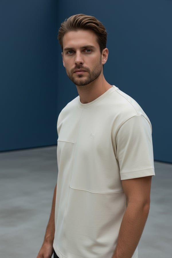 Erkek Bej Oversize Bisiklet Yaka Normal ve Battal Beden T-Shirt - 172
