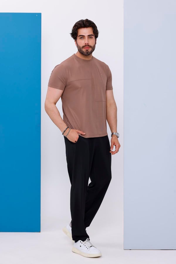 Erkek Kahverengi Bisiklet Yaka Normal ve Battal Beden T-Shirt - 172