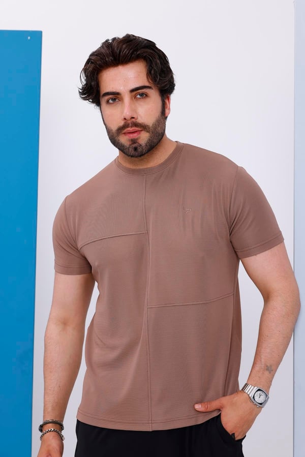 Erkek Kahverengi Bisiklet Yaka Normal ve Battal Beden T-Shirt - 172