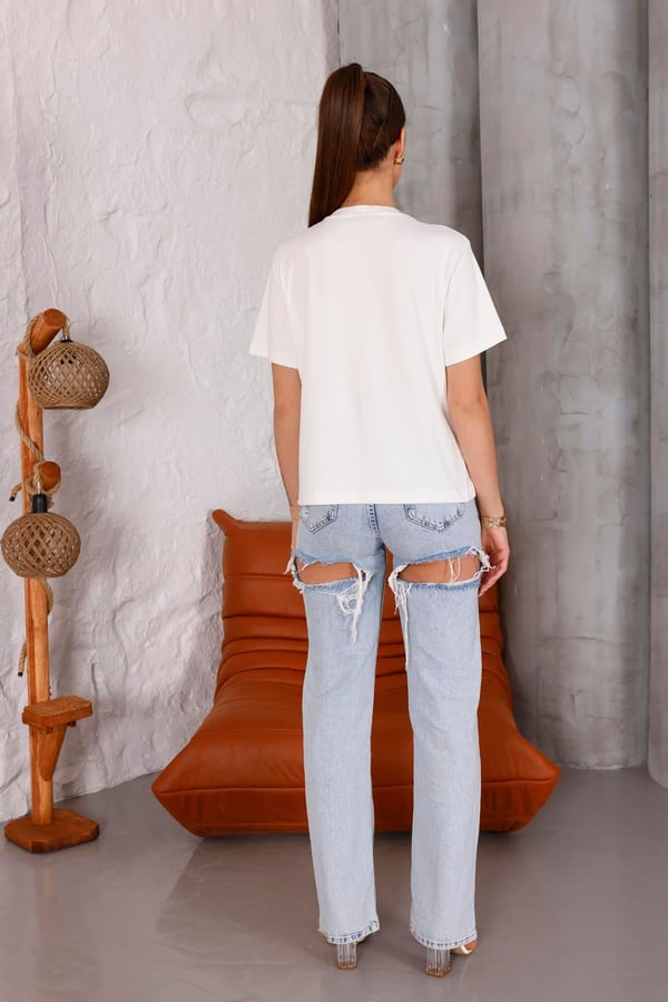Kadın Ekru Bisiklet Yaka Basic T-shirt - 168