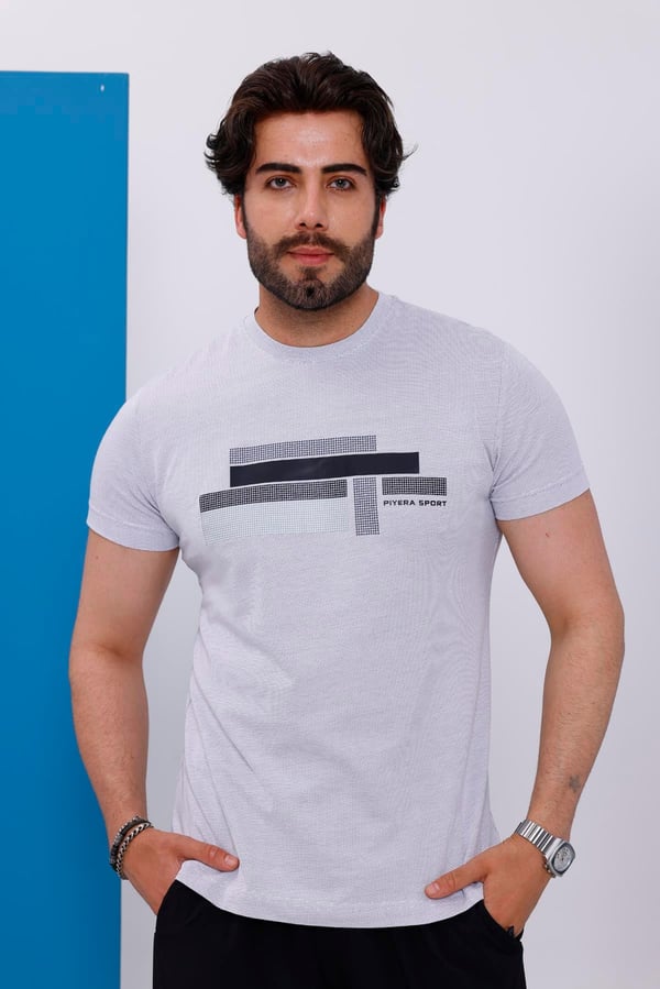 Erkek Beyaz Bisiklet Yaka Baskılı T-shirt - 170