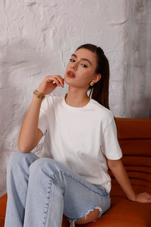 Kadın Ekru Bisiklet Yaka Basic T-shirt - 168