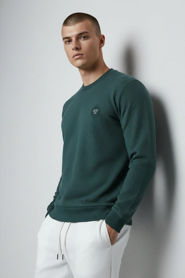 Erkek Petrol Mare Jaker Kumaş Bisiklet Yaka Sweatshirt - 76566